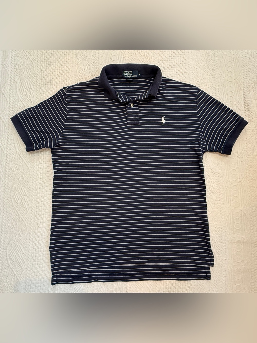 Polo Ralph Lauren Polo Shirt Navy White Striped Mens Medium 100% Cotton